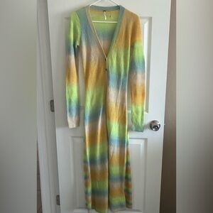 Free People Esme Cardigan Maxi Sweater, XS, green/blue/orange ombre colorway